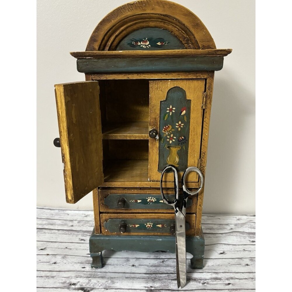 Hand Painted Vintage Dollhouse Armoire Folk Art Cabinet Dresser Cottage 19” - Picture 4 of 16